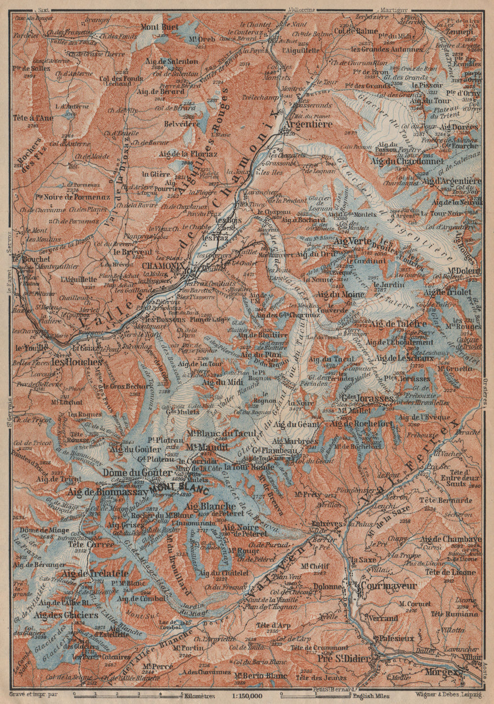 CHAMONIX & MONT BLANC MASSIF. Argentière Courmayeur Les Houches carte 1907 map