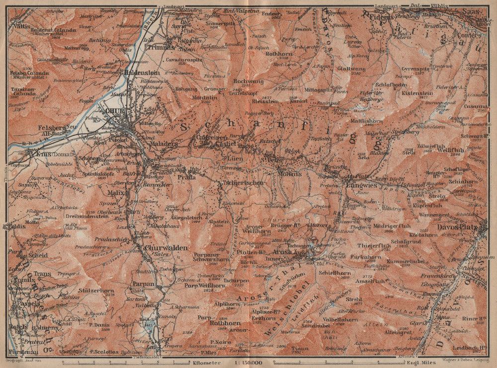 COIRE/CHUR SCHANFIGG AROSA ENVIRONS. Davos Klosters Lenzheide Trimnns 1907 map