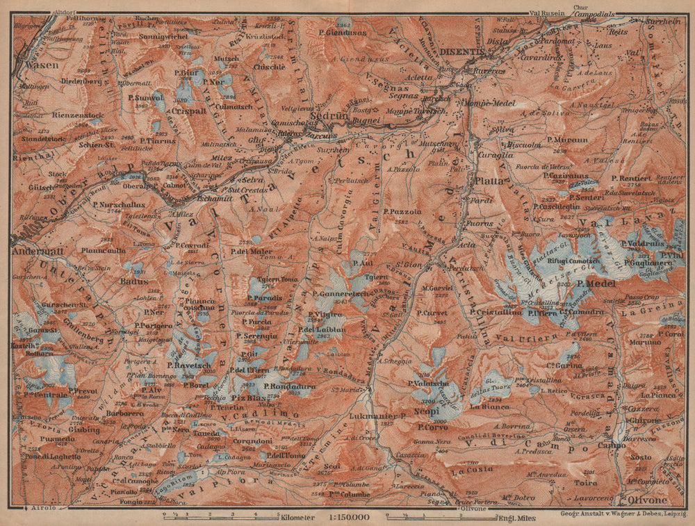 VAL TAVETSCH/MEDEL. Andermatt Disentis Sedrun Wassen Piz Medel. Topo-map 1907