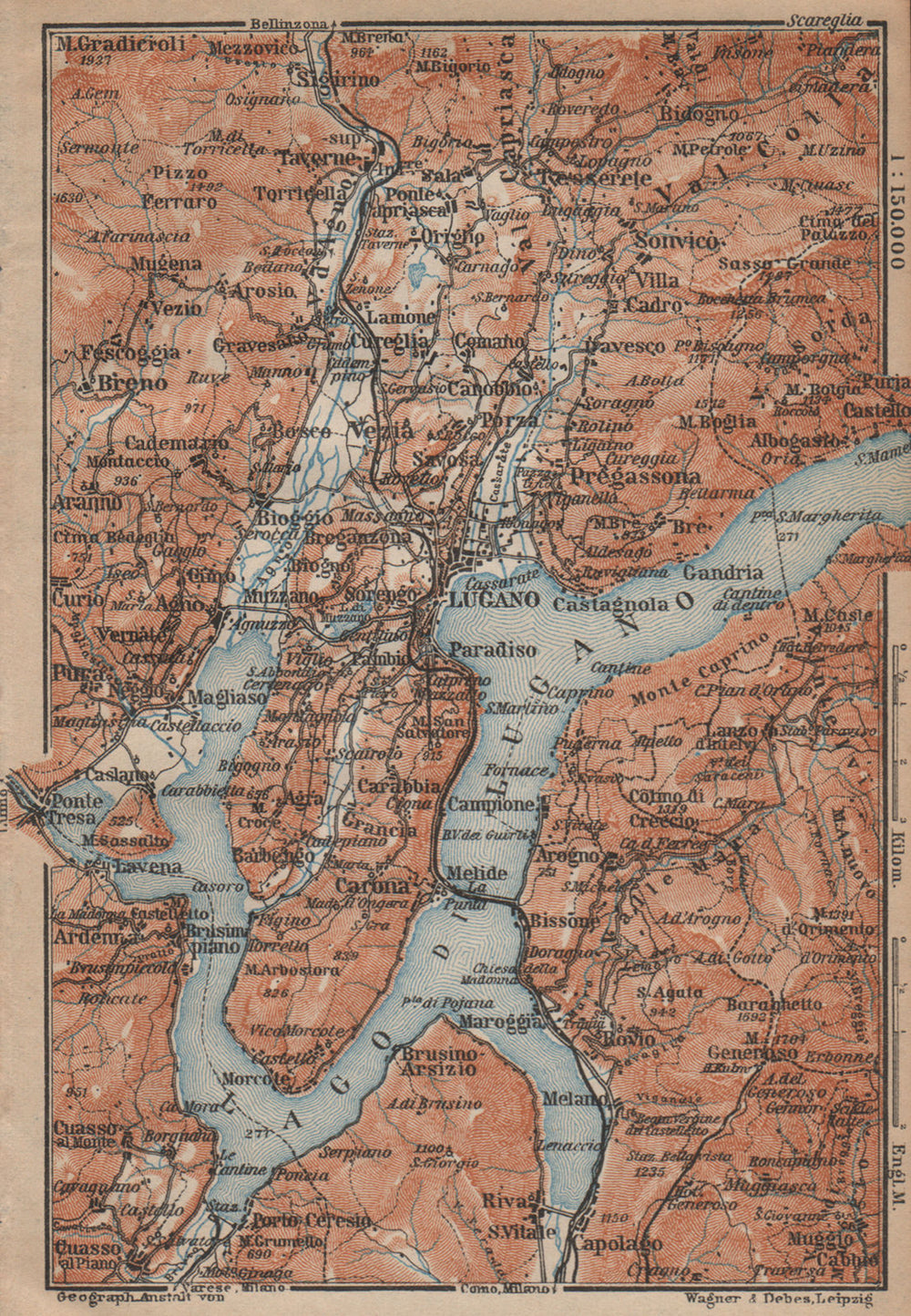 LUGANO ENVIRONS. Lake Lago di. Topo-map. Switzerland Suisse Schweiz 1907