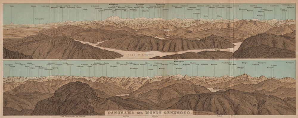 MONTE GENEROSO PANORAMA. Lugano Como Maggiore Rosa Mischabel Disgrazia 1907 map