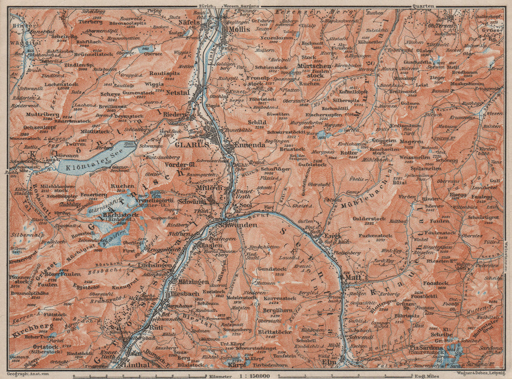 GLARUS area. Braunwald Bächistock Netstall Mollis Näfels Elm. Topo-map 1909