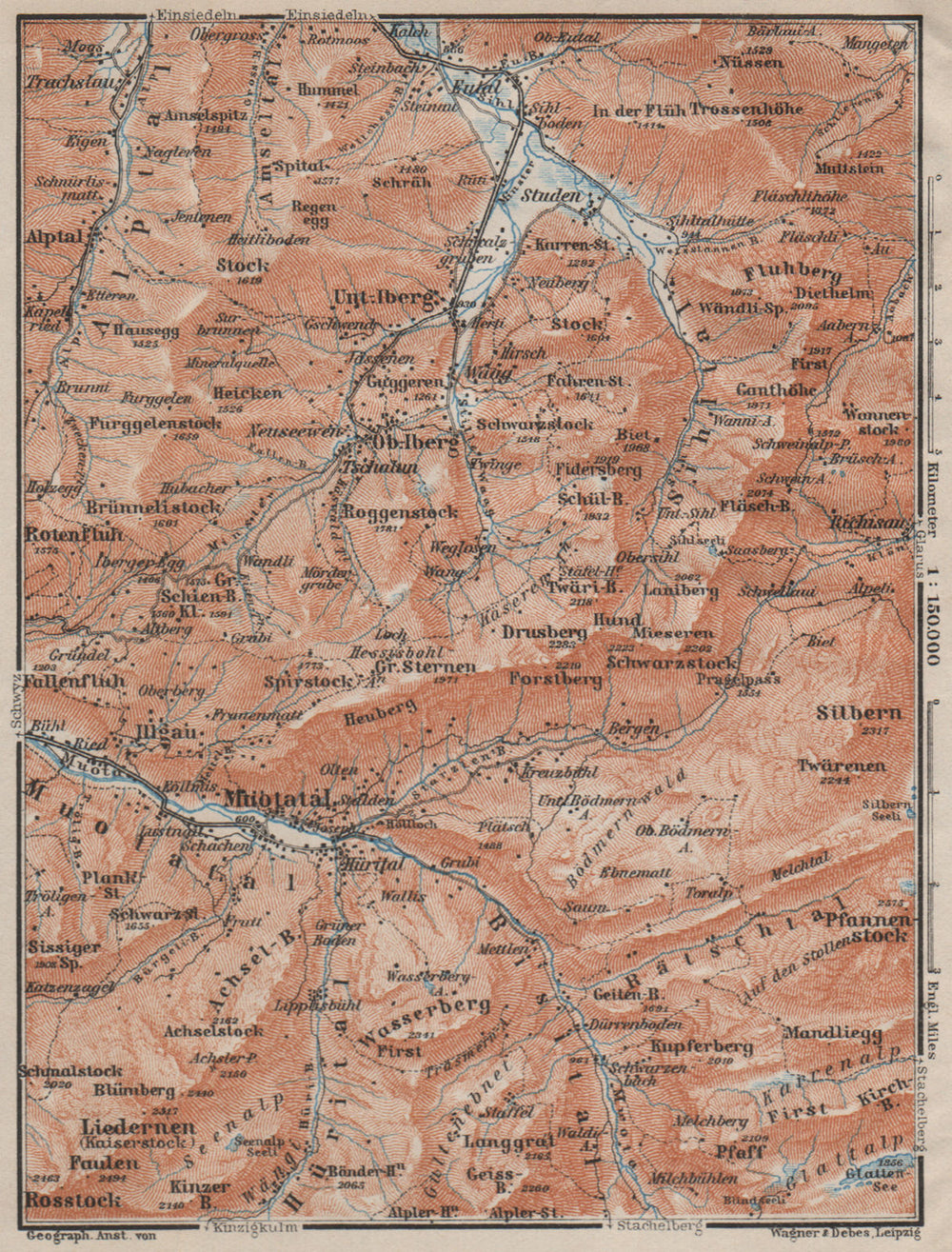 MUOTATHAL PRAGEL & SIHLTAL. Silbern Liedernen (Kaiserstock) Iberg 1909 old map