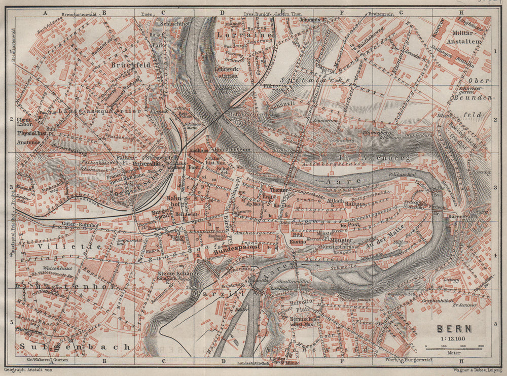 BERN BERNE. town city stadtplan. Switzerland Suisse Schweiz. BAEDEKER 1909 map