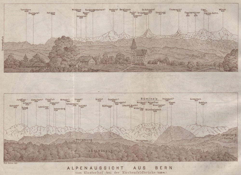 PANORAMA vom/from BERN/Berne. Blumisalp Eiger Jungfrau Gletscherhorn 1909 map