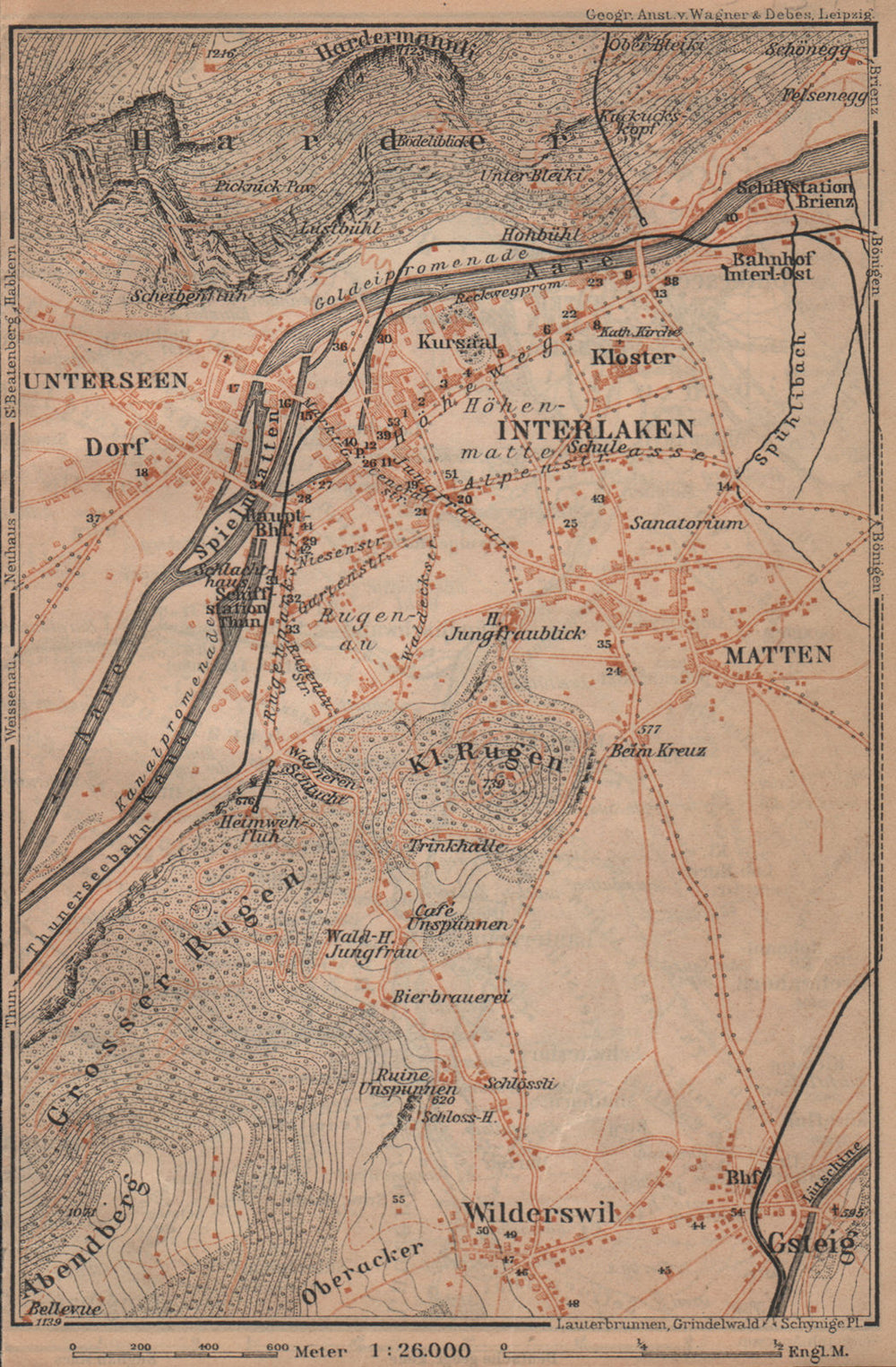 INTERLAKEN ENVIRONS. Unterseen Matten Aarmuhle Wilderswyl. Schweiz 1909 map