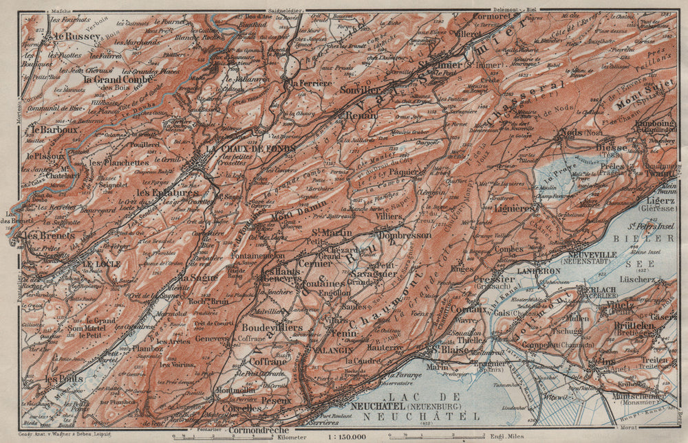 NORTH WEST JURA. Neuchâtel La Chaux de Fonds Neuveville. Topo-map 1909 old