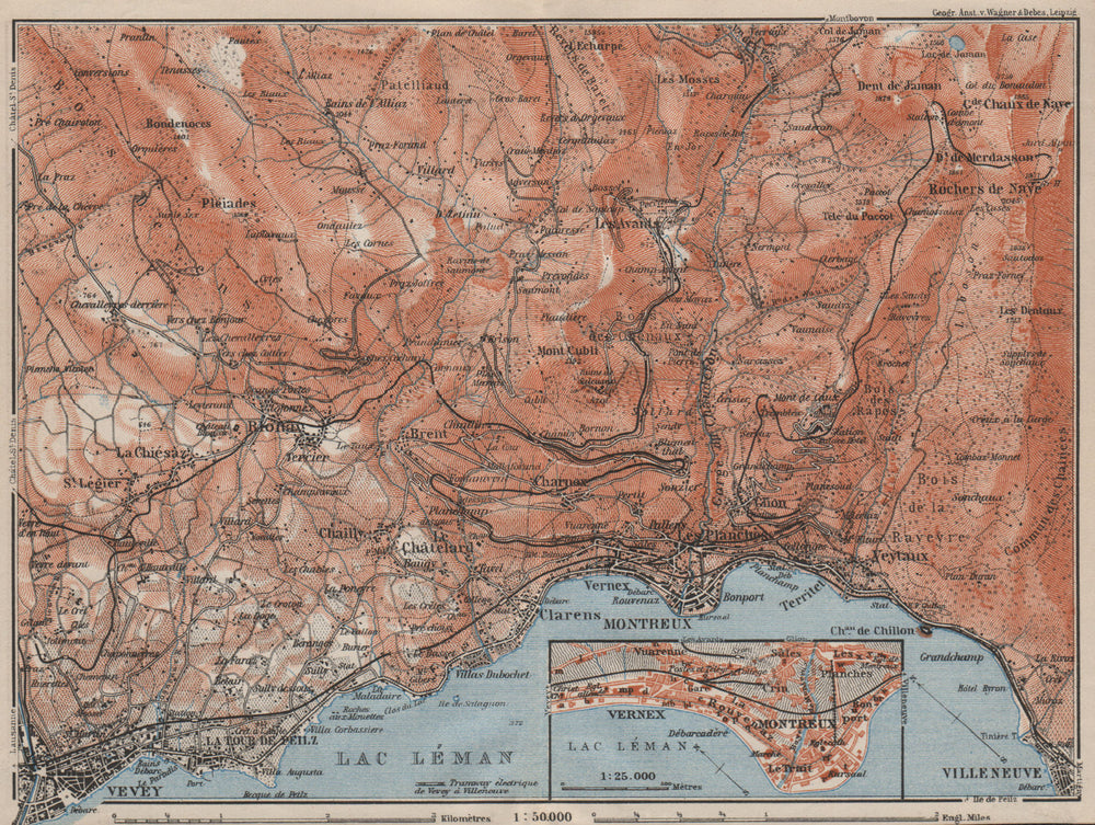MONTREAUX AREA. Vevey Villneuve. Topo-map. Switzerland Suisse Schweiz 1909