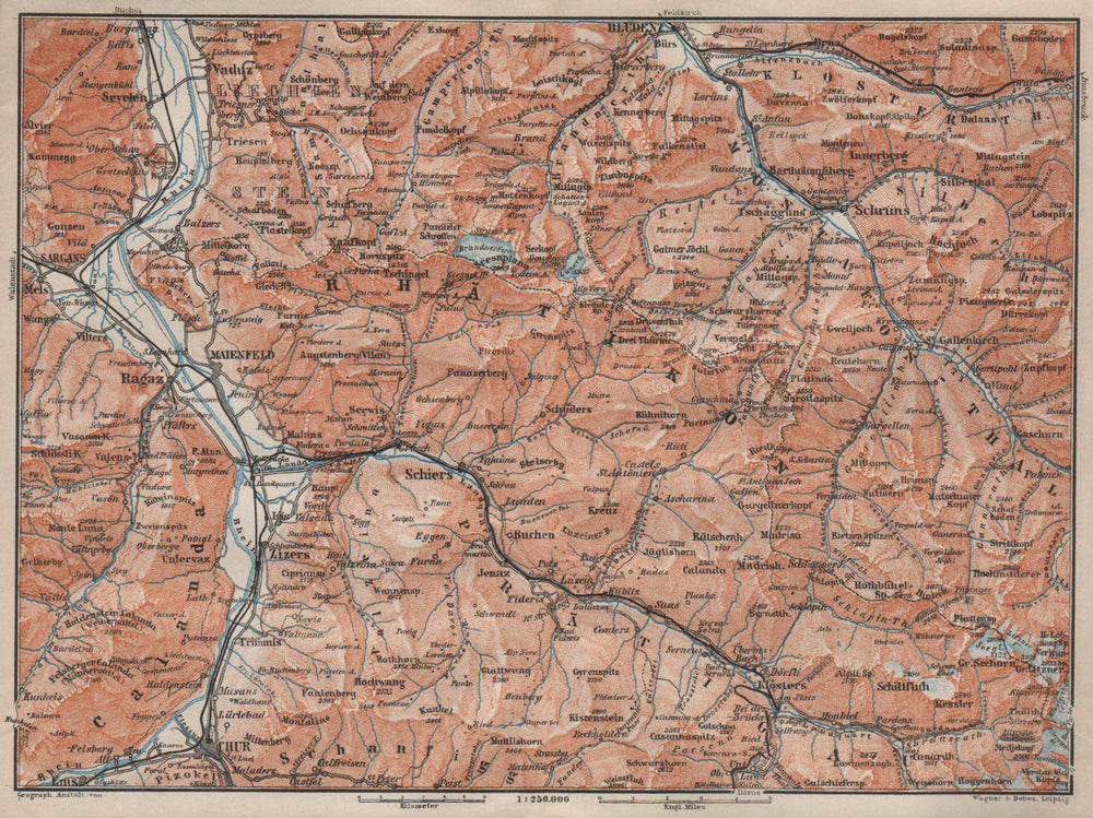 BAD RAGAZ PRÄTIGAU MONTAFON ENVIRONS. Wangs Rätikon Bludenz Maienfeld 1909 map