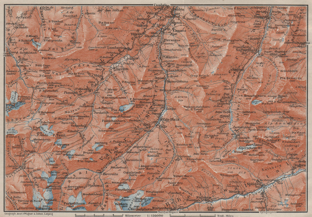 LUGNETZTAL SURSELVA. Valserrhein Furketlihorn Hinterrhein Splügen 1909 old map