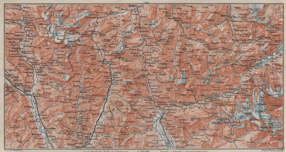 LUKMANIER to MALOJA.Sils Maria Bivio Madesimo Chiavenna San Bernardino 1909 map