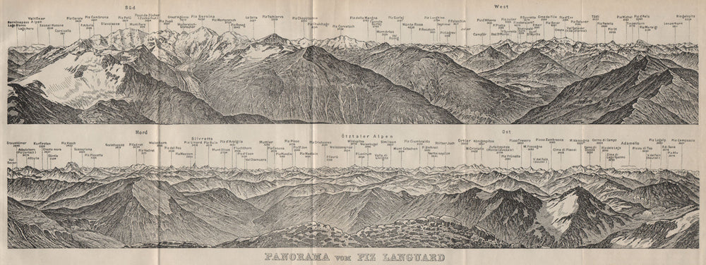 PIZ LANGUARD PANORAMA. Bernina Roseg Monte Rosa Mont Blanc Cristallo 1909 map