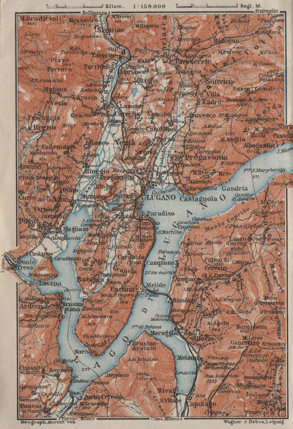 LUGANO ENVIRONS. Lake Lago di. Topo-map. Switzerland Suisse Schweiz 1909