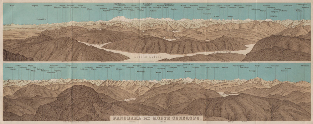 MONTE GENEROSO PANORAMA. Lugano Como Maggiore Rosa Mischabel Disgrazia 1909 map