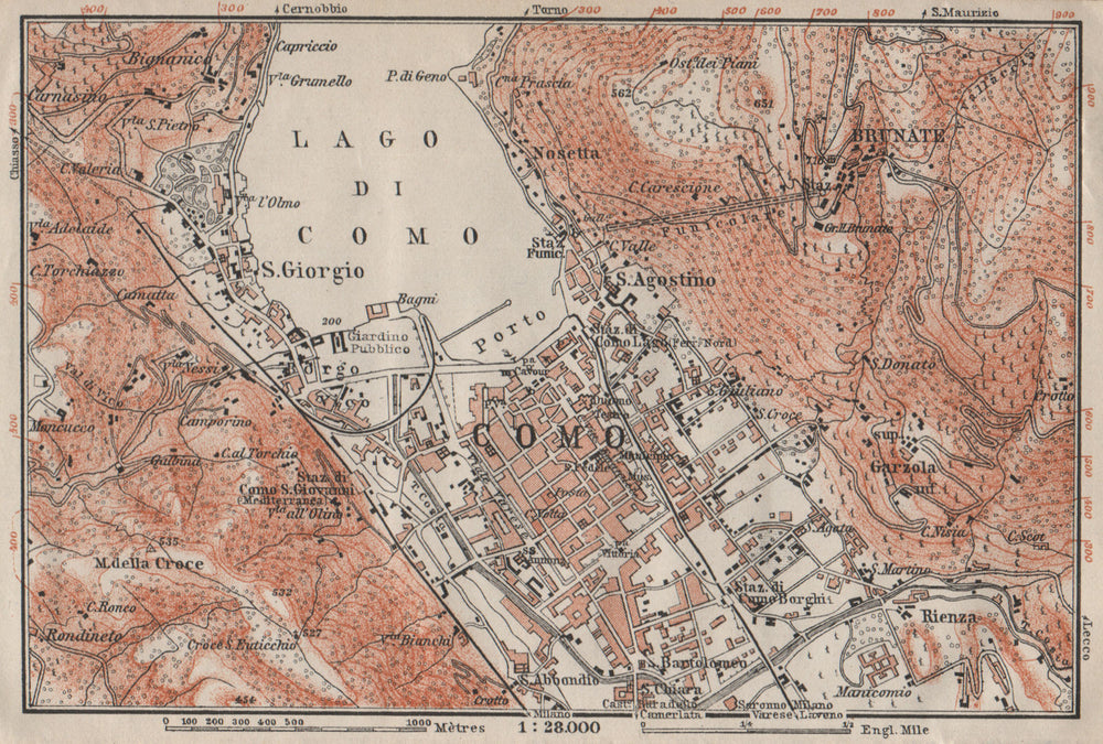 COMO ENVIRONS. Brunate San Giorgio. Italy mappa. BAEDEKER 1909 old antique