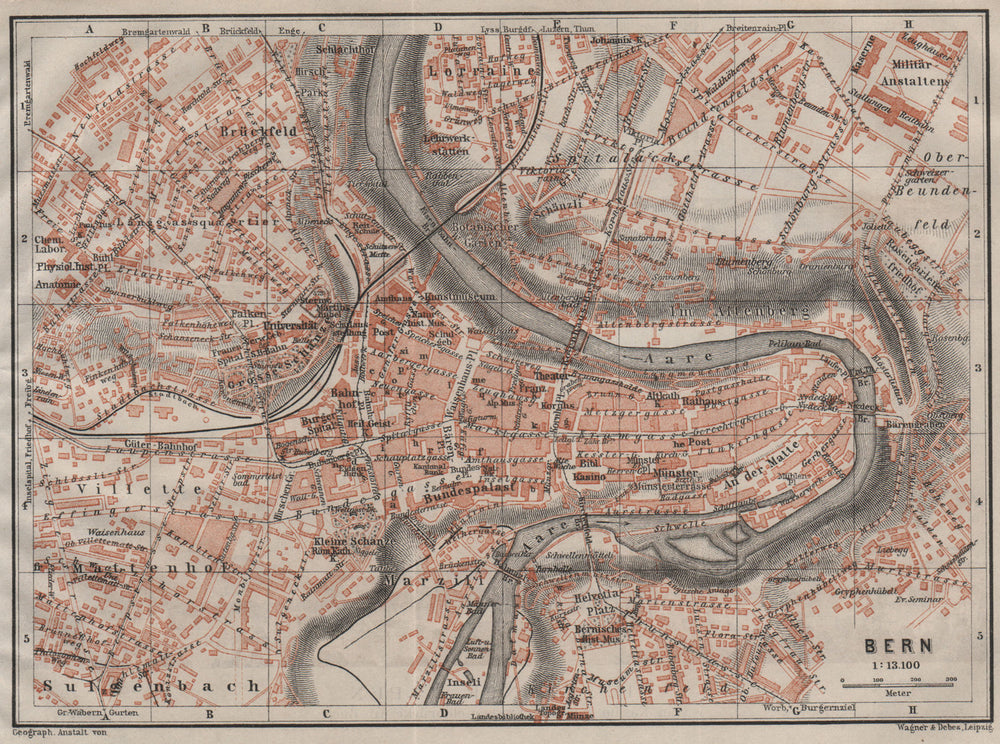 BERN BERNE. town city stadtplan. Switzerland Suisse Schweiz. BAEDEKER 1911 map