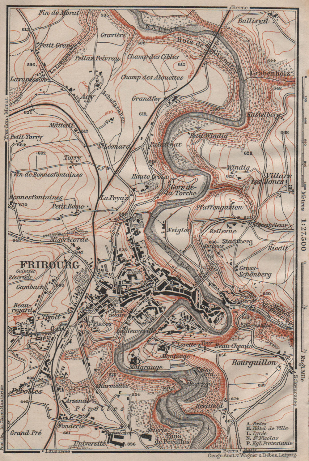 FRIBOURG / FREIBURG ENVIRONS. Switzerland Suisse Schweiz carte karte 1911 map