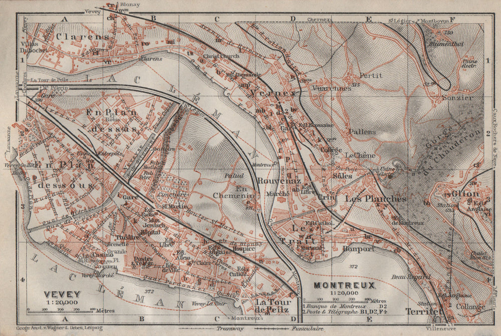 MONTREUX. VEVEY. Clarens. town city plan. Switzerland Suisse Schweiz 1911 map