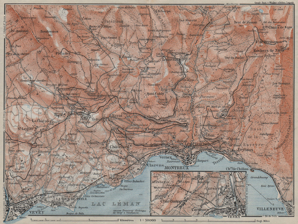 MONTREAUX AREA. Vevey Villneuve. Topo-map. Switzerland Suisse Schweiz 1911