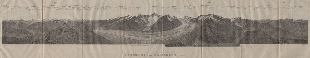 EGGISHORN PANORAMA Aletschhorn Glacier Nesthorn Mont Blanc Leone Eiger 1911 map