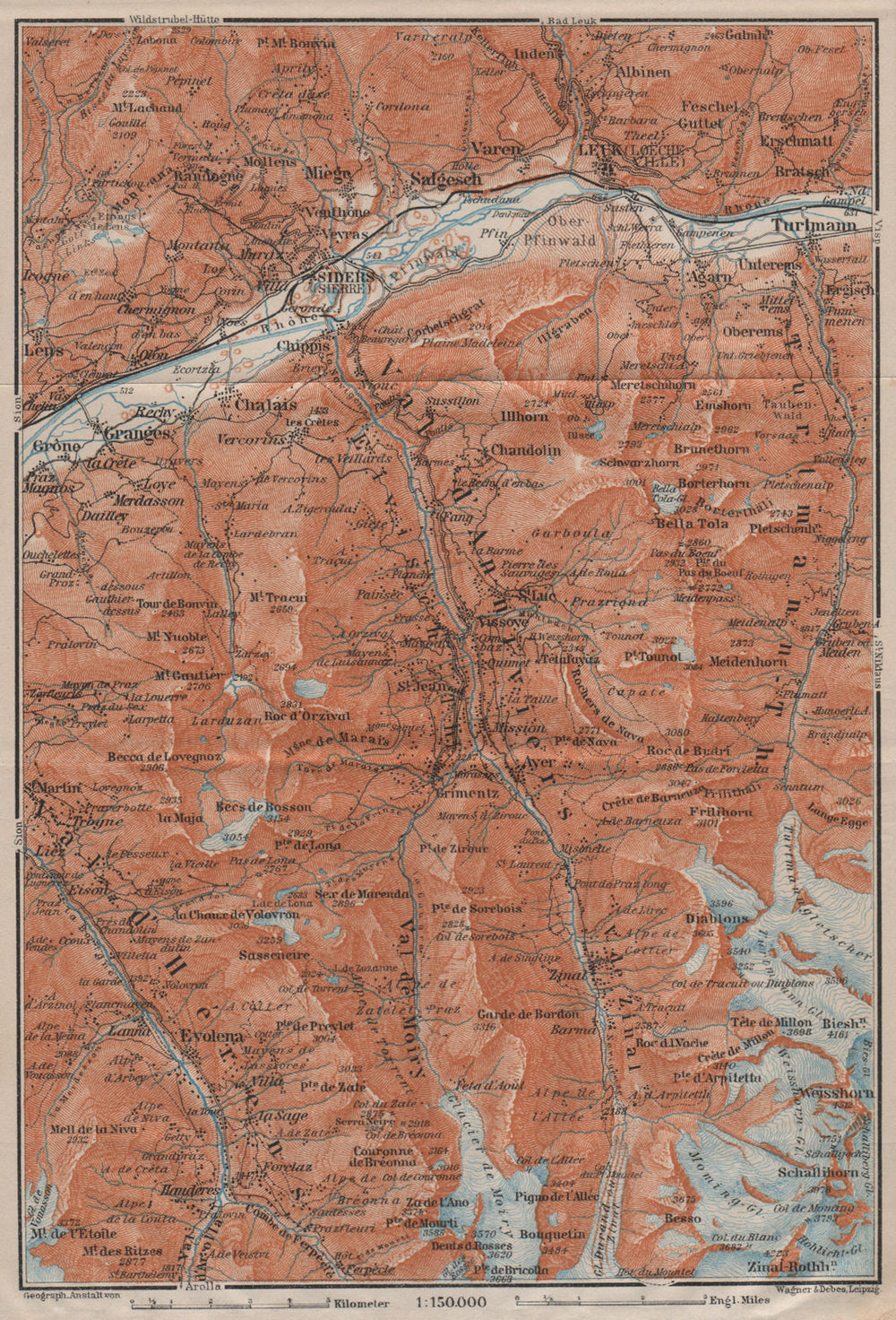 SIERRE & VAL D'ANNIVIERS. Crans-Montana Grimentz Leukle Weisshorn 1911 old map