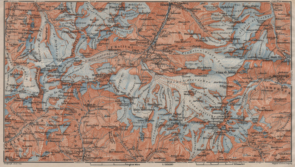 ZERMATT ENVIRONS. Breuil-Cervinia Matterhorn Tournanche Monte Rosa 1911 map
