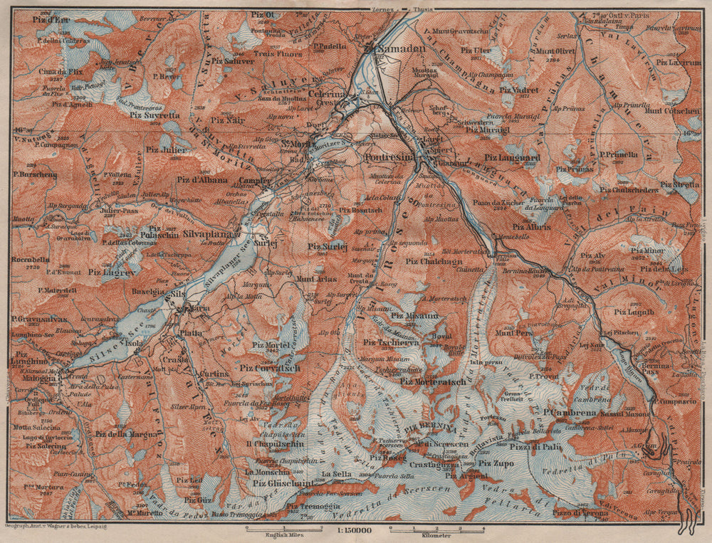 UPPER ENGADINE. St Moritz Celerina Pontresina Sils-Maria Bernina Range 1911 map