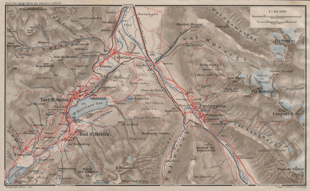 ST MORITZ & PONTRESINA. Celerina Cresta Piz Vadret/Muraigl/Languard 1911 map