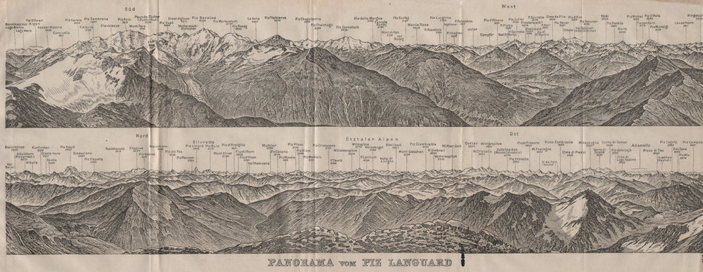 PIZ LANGUARD PANORAMA. Bernina Roseg Monte Rosa Mont Blanc Cristallo 1911 map