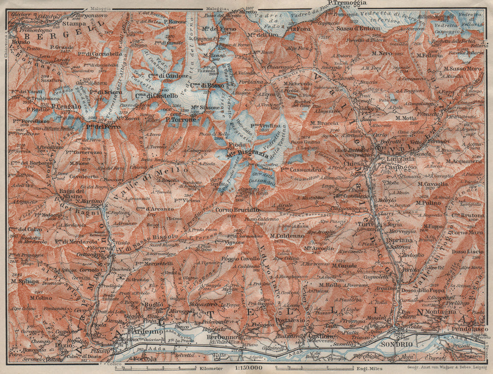 VAL MASINO/BREGAGLIA ALPS. Disgrazia Caspoggio Tellina Malenco Sondrio 1911 map