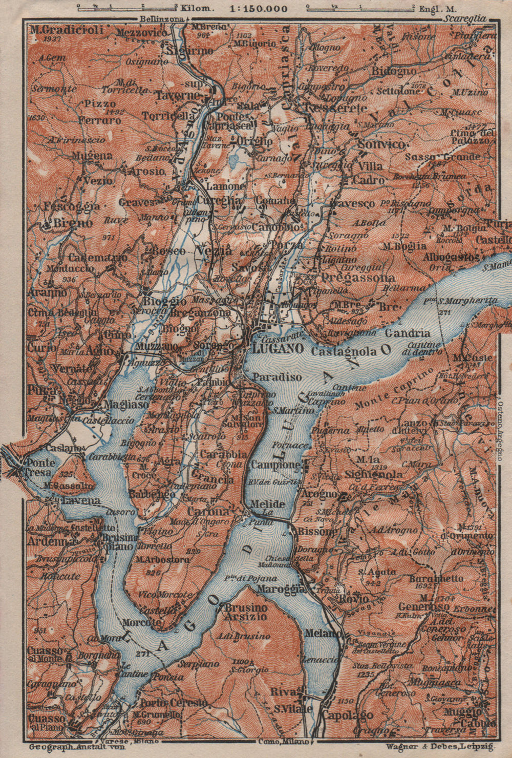LUGANO ENVIRONS. Lake Lago di. Topo-map. Switzerland Suisse Schweiz 1911