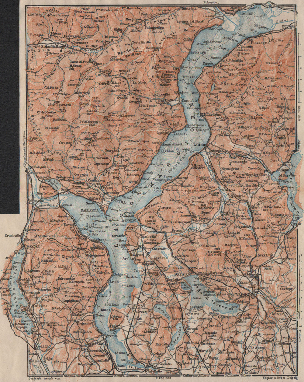 LAGO MAGGIORE. Lake Maggiore. Varese Varesa Pallanza. Topo-map. Italy 1911