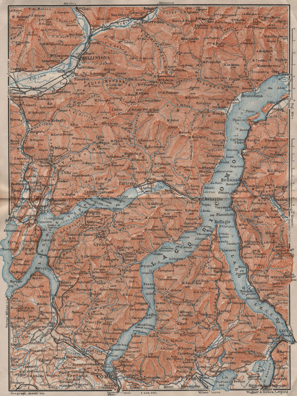 LAKES/LAGO DI COMO & LUGANO. Lecco Bellinzona. Topo-map. Italy mappa 1911