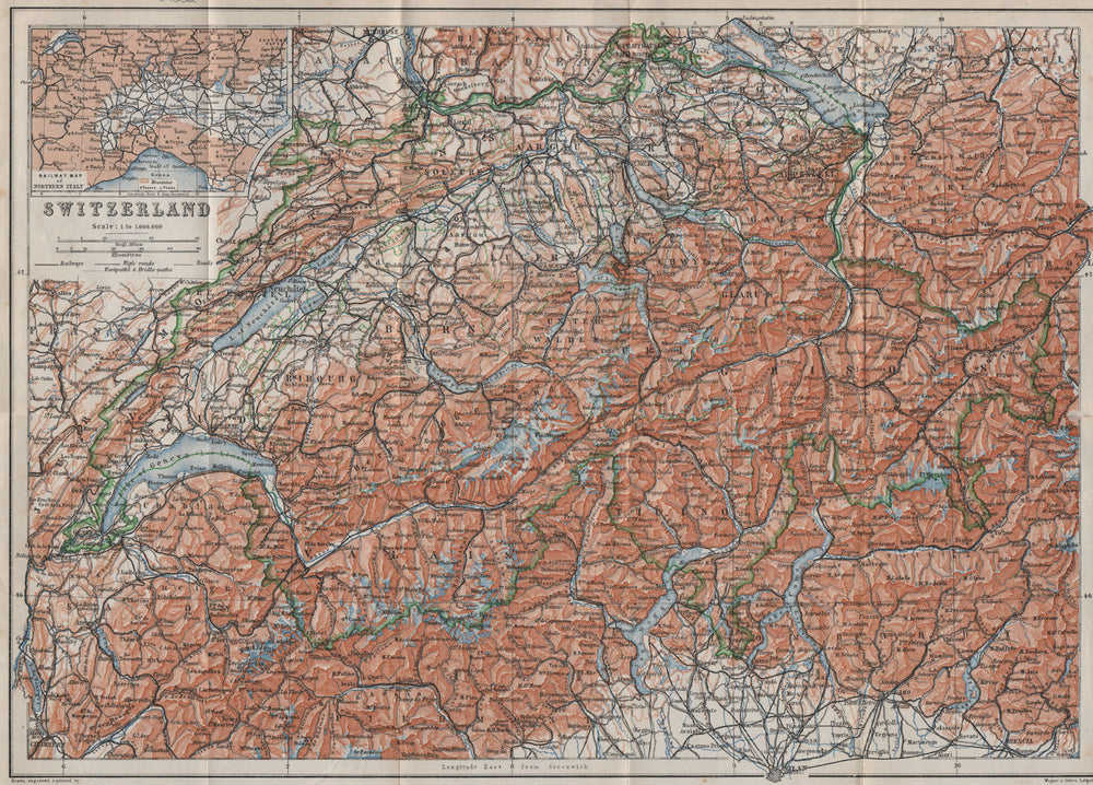Map of Switzerland Suisse Schweiz. Northern Italy railways carte karte 1913