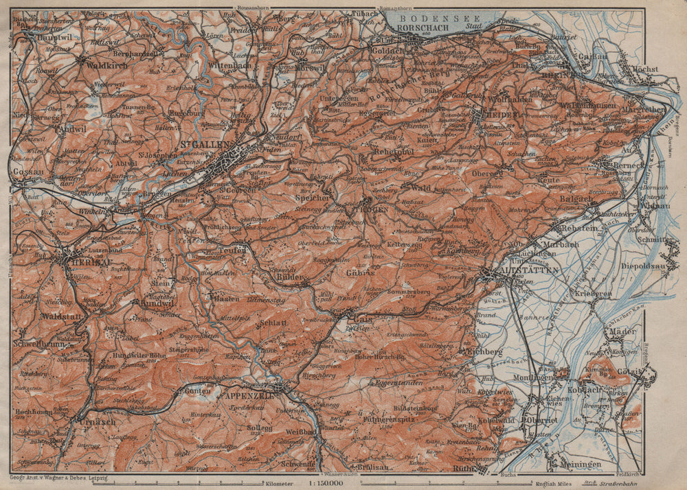 ST GALLEN/APPENZELL area. Herigau Altstätten Heiden Rheineck Rorschach 1913 map