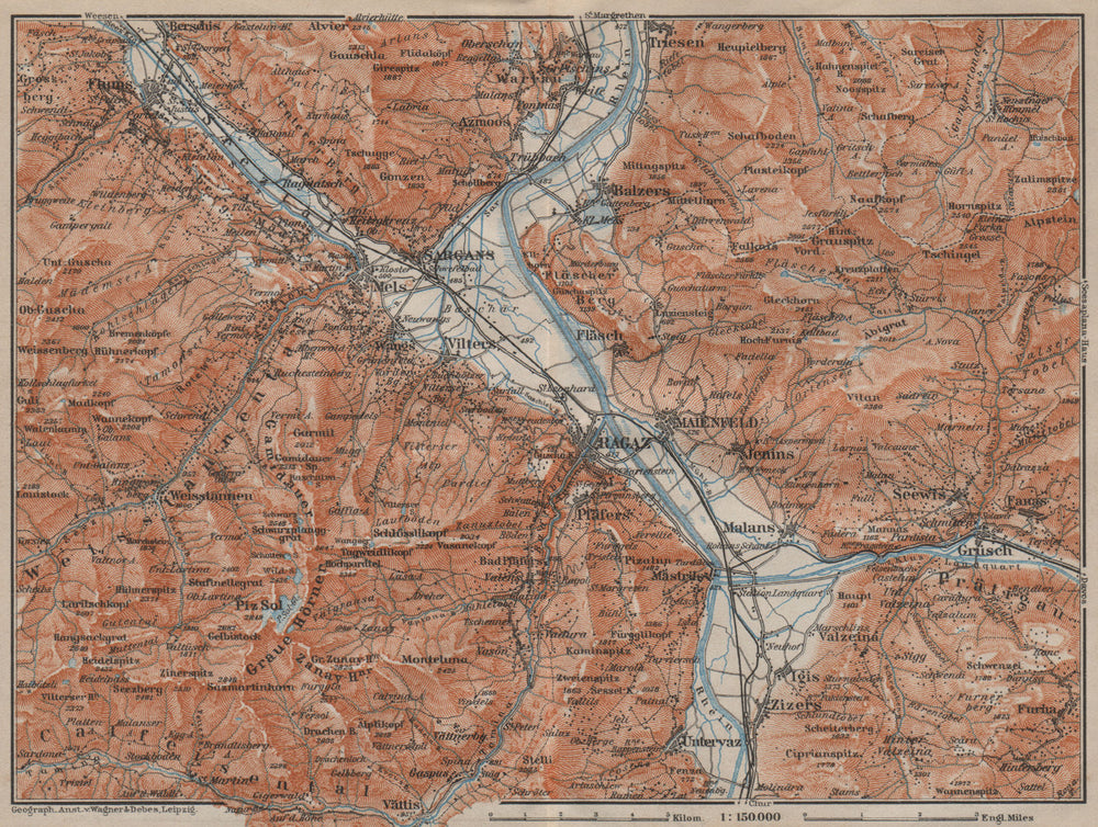 BAD RAGAZ. Malbun Flums Wangs Pizol Sargans Grusch Malans Maienfeld 1913 map