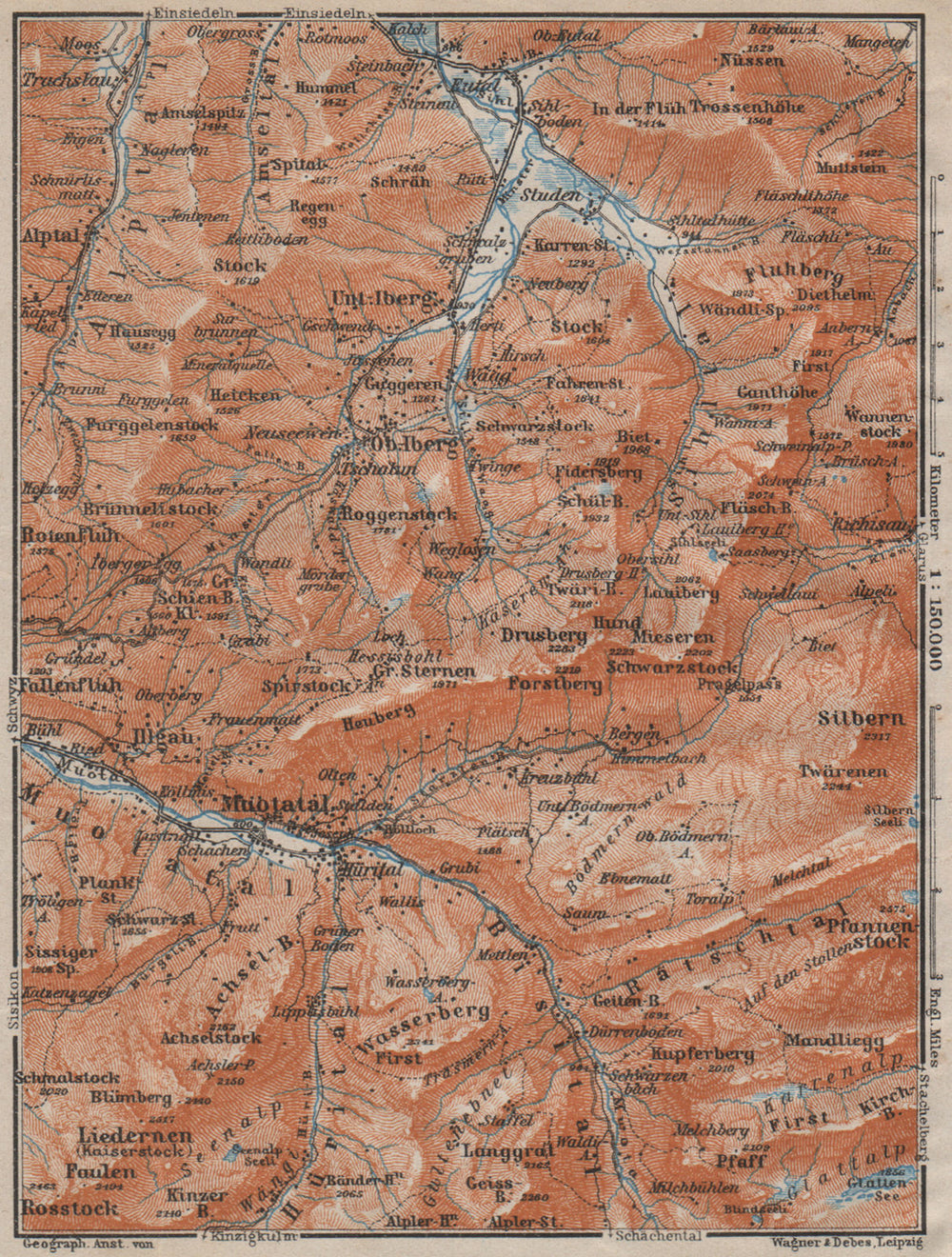 MUOTATHAL PRAGEL & SIHLTAL. Silbern Liedernen (Kaiserstock) Iberg 1913 old map