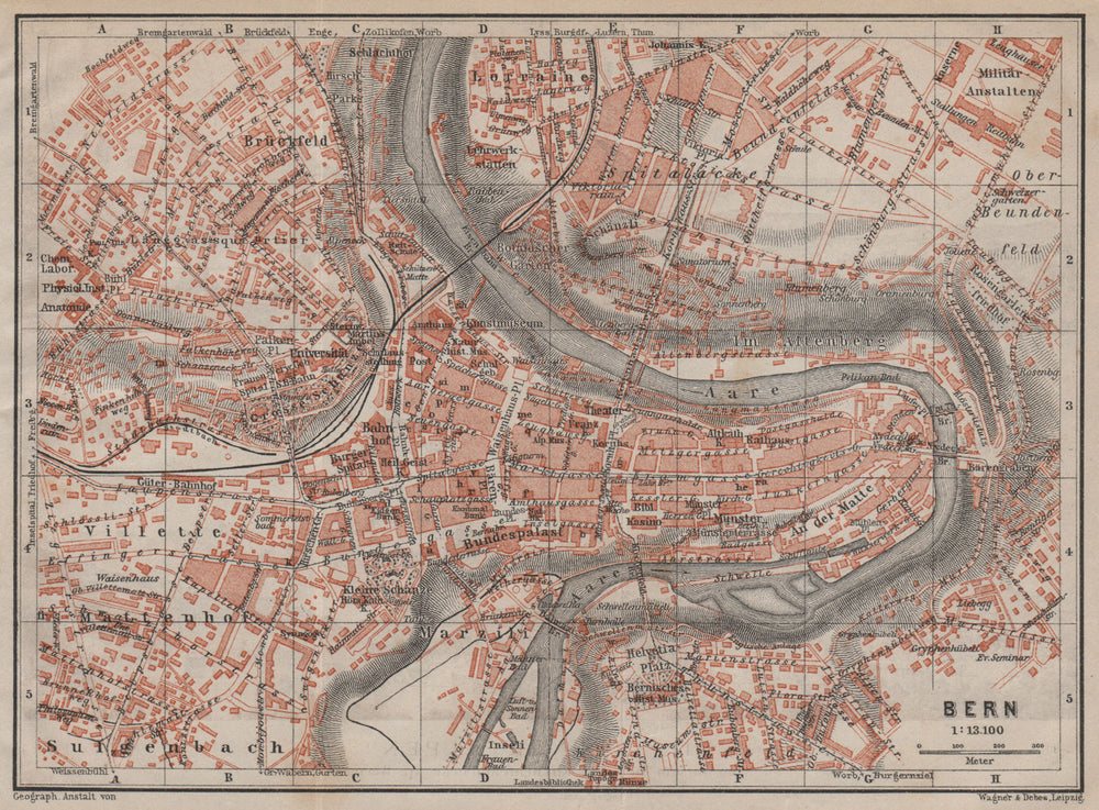 BERN BERNE. town city stadtplan. Switzerland Suisse Schweiz. BAEDEKER 1913 map