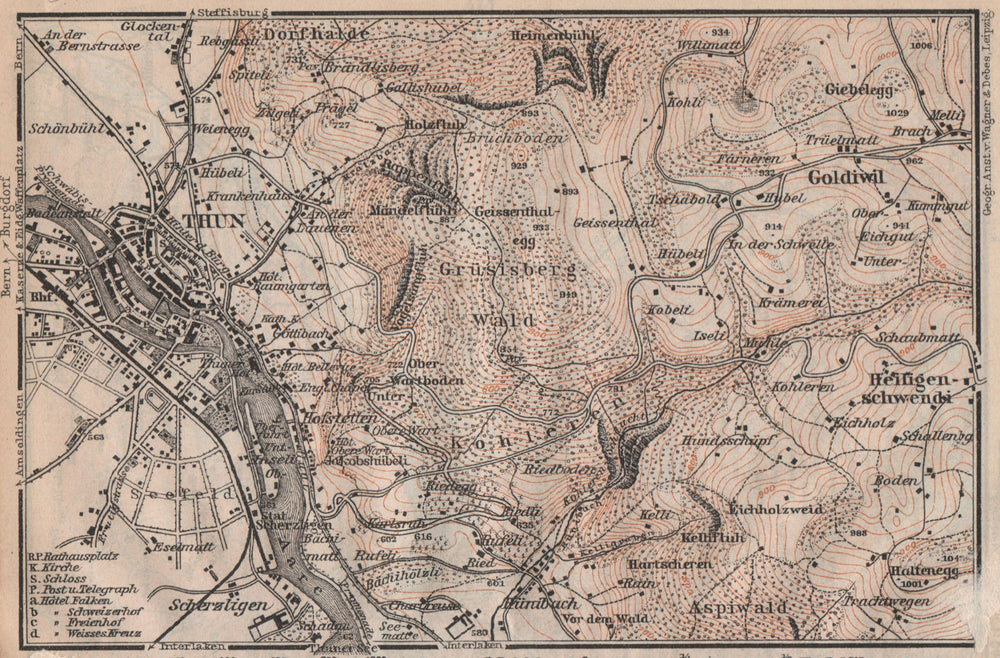 THUN ENVIRONS. Goldiwyl. Switzerland Suisse Schweiz carte karte 1913 map