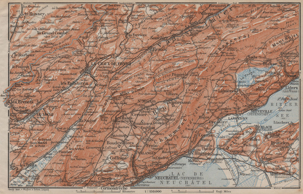 NORTH WEST JURA. Neuchâtel La Chaux de Fonds Neuveville. Topo-map 1913 old