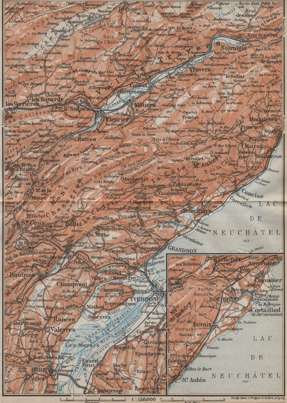 JURA. Val-de-Travers Orbe Noiraigue Yverdon Grandson Môtiers Buttes 1913 map