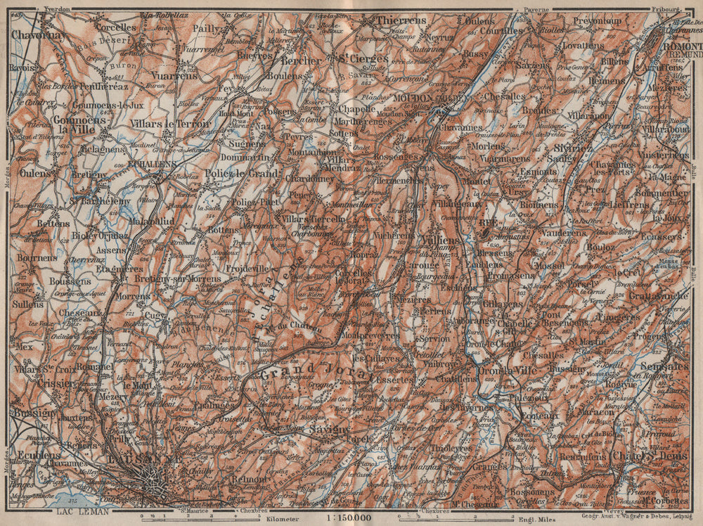 PAYS DE VAUD North. Lausanne Moudon Romont Jorat Moudon Echallens 1913 old map