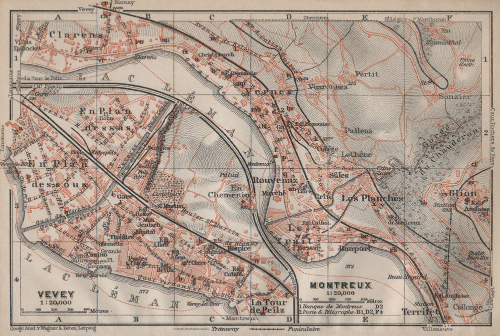 MONTREUX. VEVEY. Clarens. town city plan. Switzerland Suisse Schweiz 1913 map