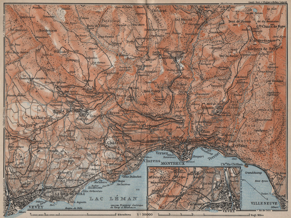 MONTREAUX AREA. Vevey Villneuve. Topo-map. Switzerland Suisse Schweiz 1913