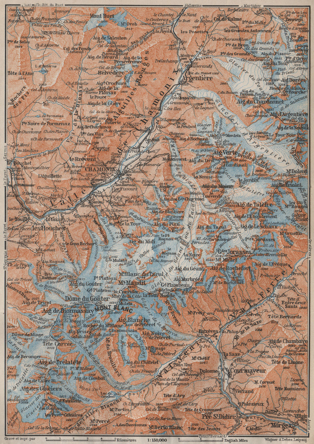 CHAMONIX & MONT BLANC MASSIF. Argentière Les Houches Courmayeur carte 1913 map