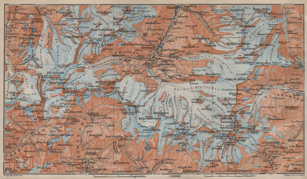 ZERMATT ENVIRONS. Breuil-Cervinia Matterhorn Tournanche Monte Rosa 1913 map