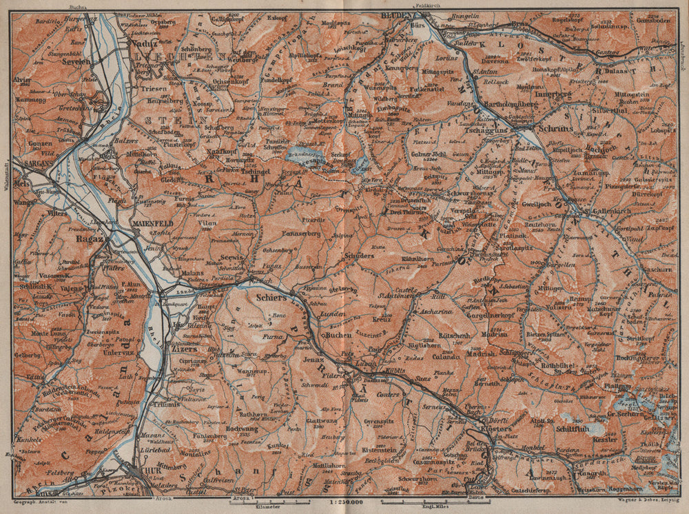 BAD RAGAZ PRÄTIGAU MONTAFON ENVIRONS. Wangs Rätikon Bludenz Maienfeld 1913 map