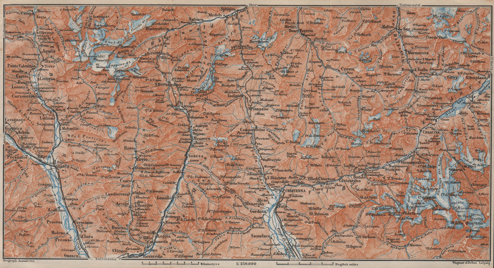 LUKMANIER to MALOJA.Sils Maria Bivio Madesimo Chiavenna San Bernardino 1913 map