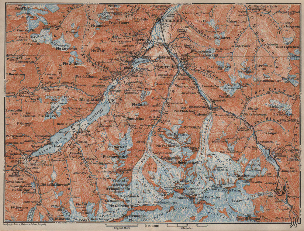 UPPER ENGADINE. St Moritz Celerina Pontresina Sils-Maria Bernina Range 1913 map