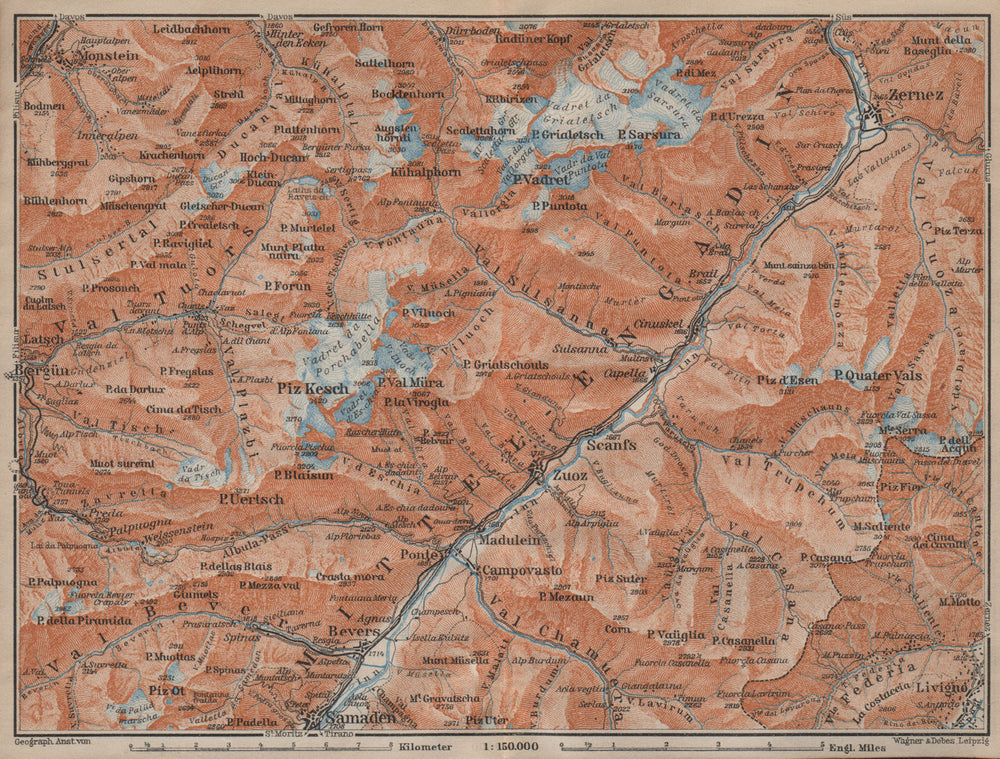 MIDDLE ENGADINE VALLEY. Samedan-Zernez. Zuoz Livigno Albula Alps 1913 old map